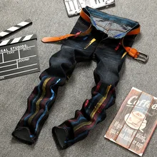 Мужские джинсы, модные зауженные мужские джинсы Pacthwork, новые Брендовые повседневные Прямые джинсы с ручной краской ed Ink, большие размеры