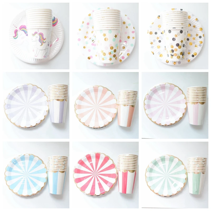 16pcs/set Colorful Striped Paper Cups&Plates Wedding Birthday