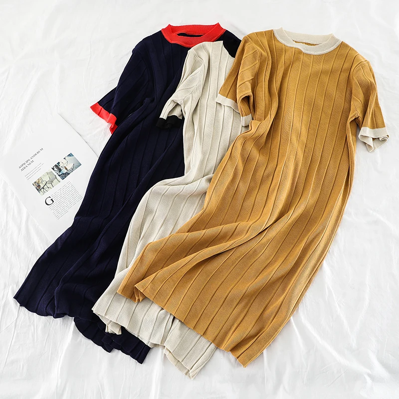 

2019 Summer Women Short Sleeves Knit Dress O-neck Knitting Straight Dress Loose Causal Dresses