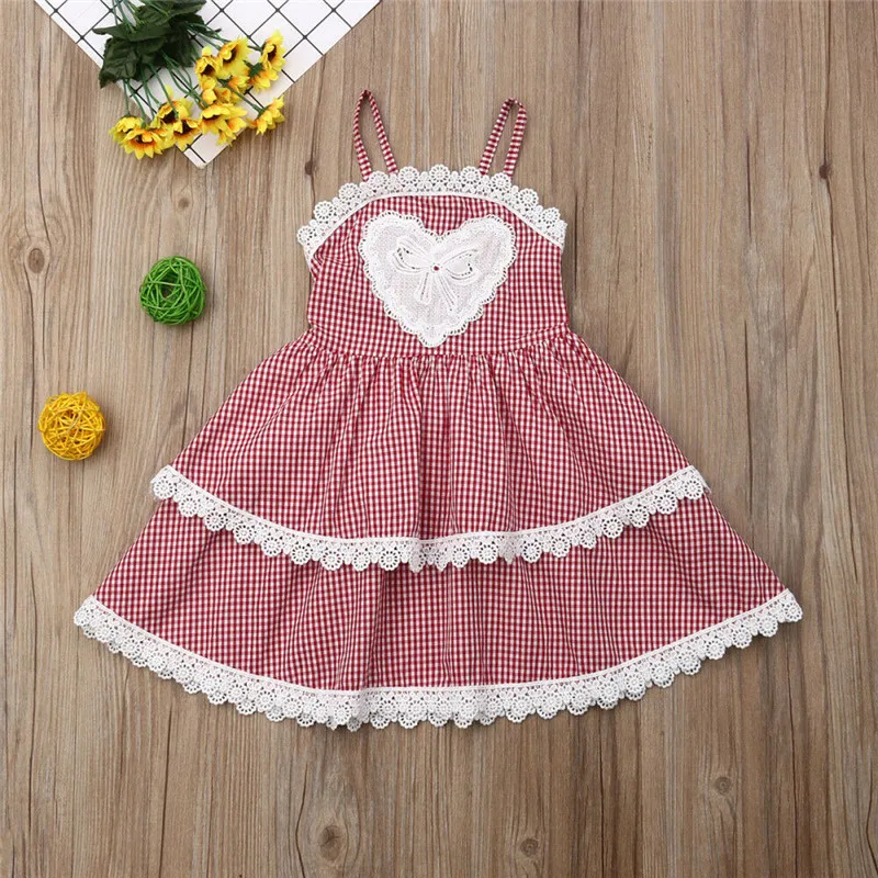 

2-7 Kids Baby Girls Red Plaids Dress Princess Strappy Backless Pageant Tutu Wedding Party Dresses Summer Girl Lace Layered Dress