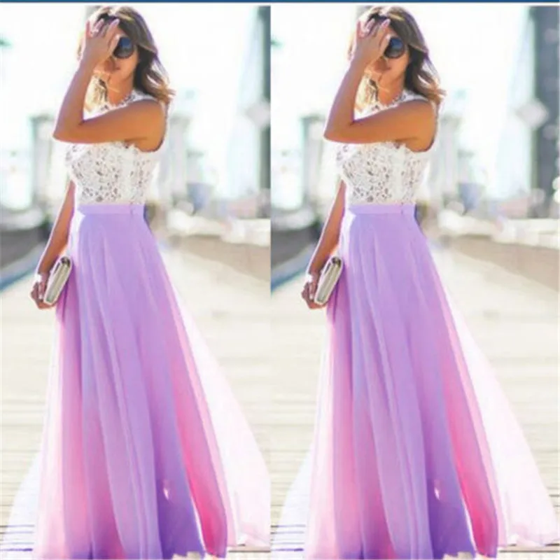 

Elegant Women Lady Chiffon Wedding Long Formal Dress Party Sleeveless Lace High Waist Sundress Maxi Dress