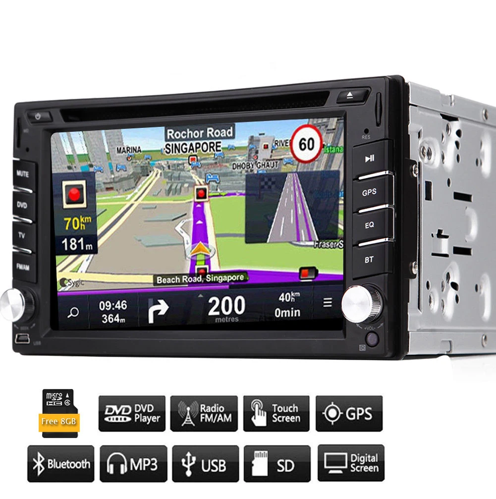 Top 6.2 inch 2 Din Car Radio GPS Navigation Car In Dash Stereo Auto Audio Bluetooth 1080P FM Radio SWC Remote Control + Free MAP 2