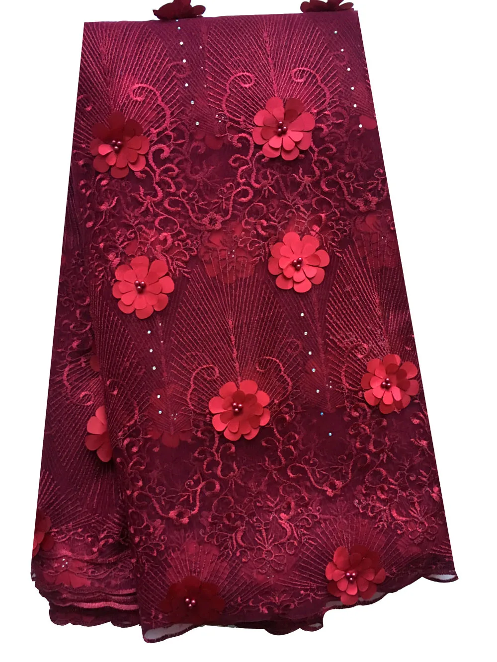 

New Arrival Beaded Nigerian Lace Fabrics Polyester Wine Lace Fabric 3d Flower Lace African Fabric for Aso Ebi Dresses