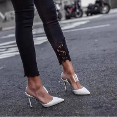 

PVC Patchwork Pointed Toe Slip on Dress Mules Sexy Stilettos White Leather Slippers