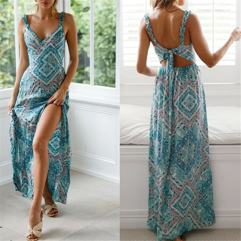 Women Boho Dress Summer Maxi Long Dresses For Women Sleeveless Sundress Floral V Neck Evening Party Dress Sexy Womens Dresses