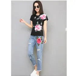 2019 летние Для женщин Комплект из 2 предметов футболка со стразами топ джинсовый набор принт 3D цветочной вышивкой рваные джинсовые штаны
