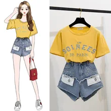 ICHOIX 2 шт. джинсовые шорты комплект для женщин с буквенным принтом футболка летние комплекты повседневные корейский стиль 2 шт. наборы для девочек мода