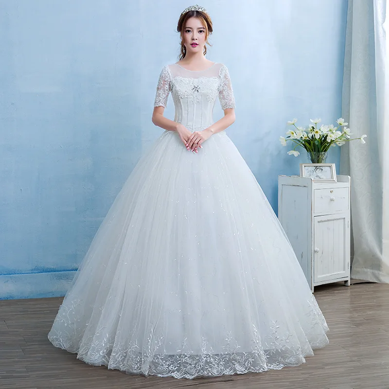

Crystal Wedding Dresses Short Sleeve O-Neck Lace Up Applique Ball Gowns Wedding Dresses 2019 Vintage Formal Bride Dresses 2019