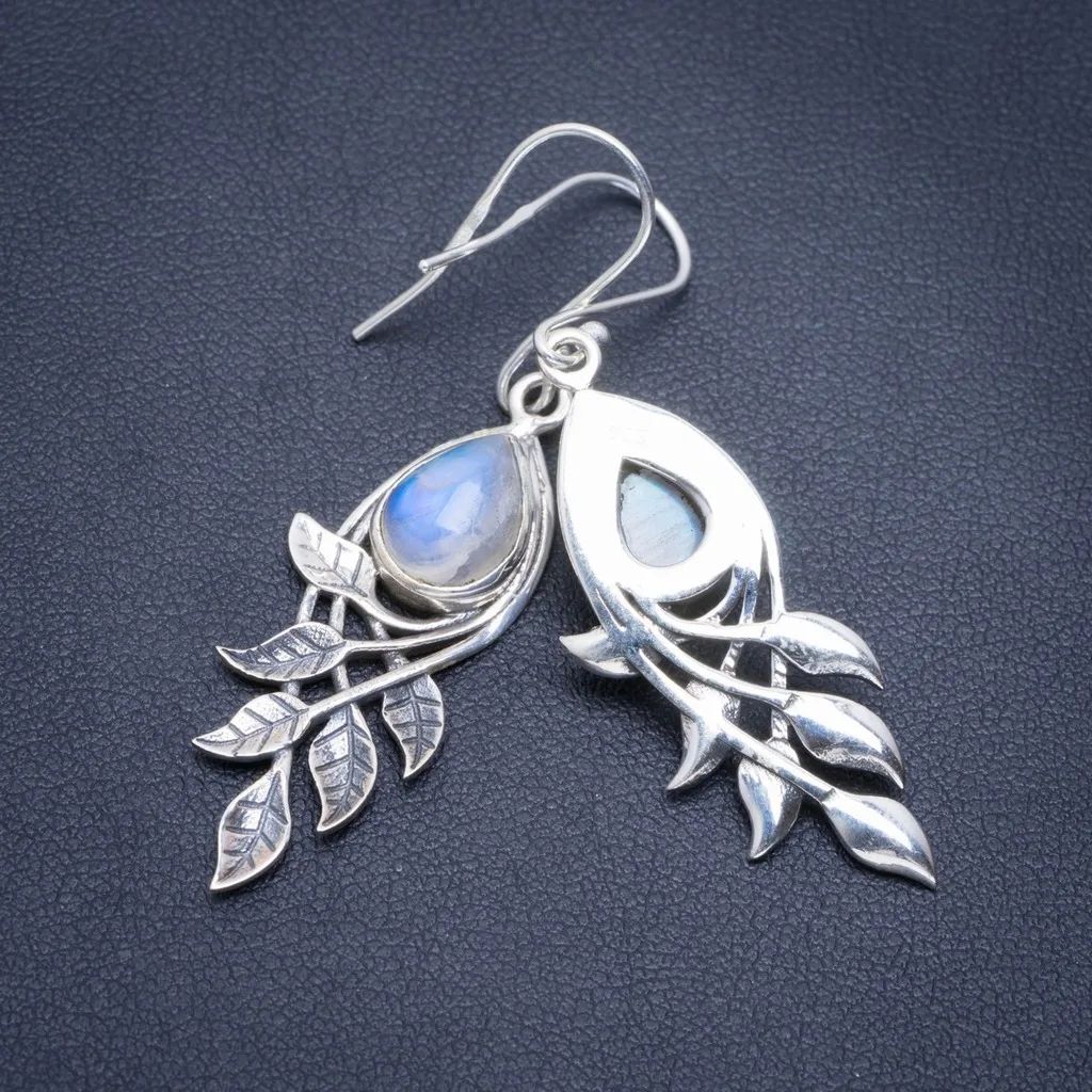 

Natural Rainbow Moonstone Handmade Unique 925 Sterling Silver Earrings 2" A2060