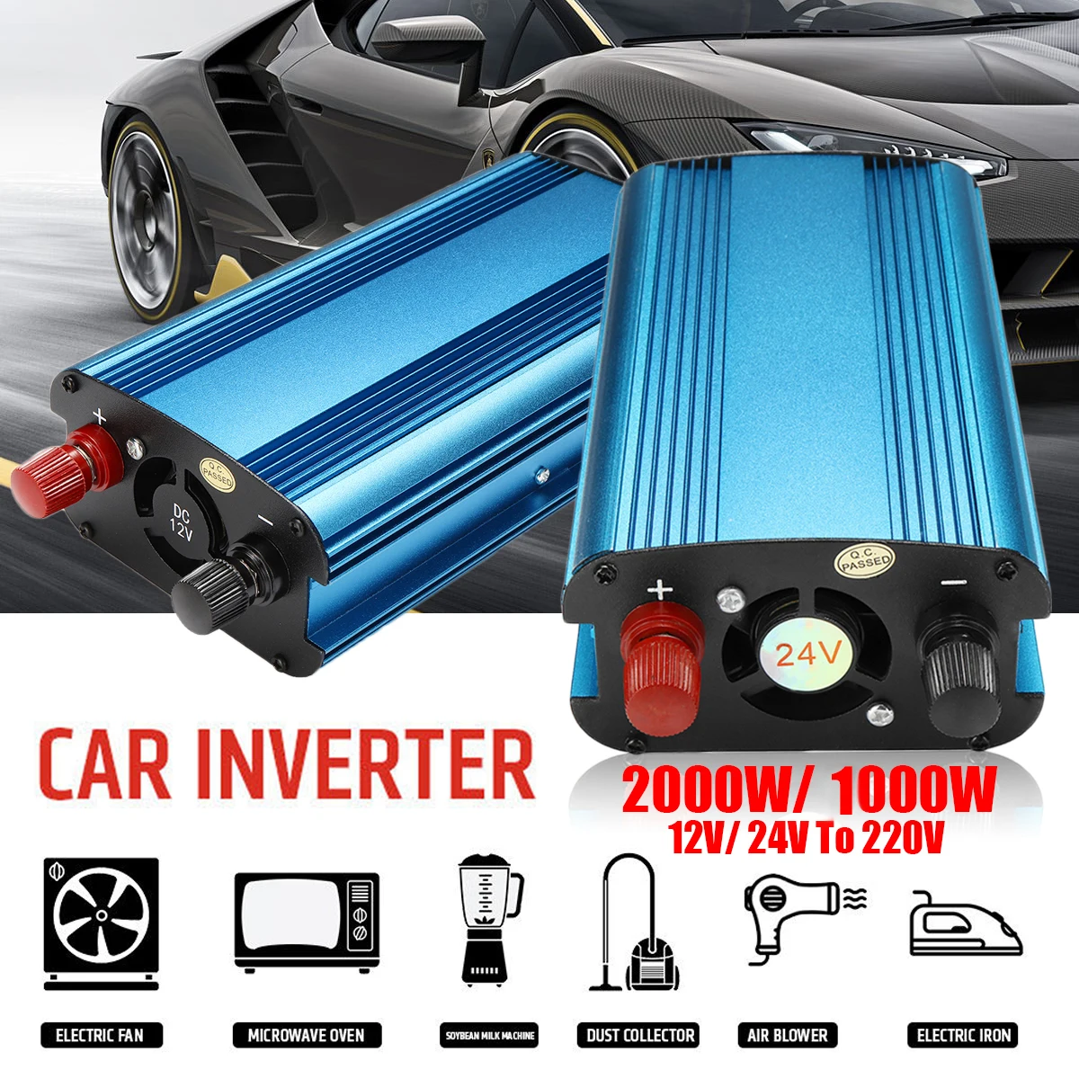 

Voltage Transformer Peak 2000W/1000W LED Converter 12/24V DC to 110/220V Solar Power Inverter AC Sine Wave Manual Switch