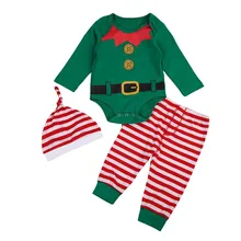 Рождественский комплект одежды для новорожденных мальчиков и девочек, осенний зеленый боди с длинными рукавами и штаны, шапка для мальчиков и девочек, Рождественский комплект из 3 предметов