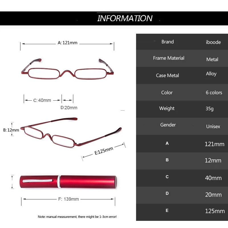 Alloy Super Narrow Portable Fashion Reading Glasses Include Metal Portable  Pen Type Glasses Case +0.75