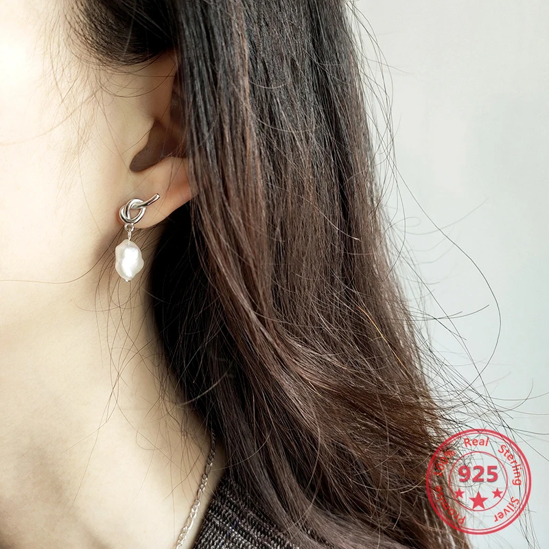 

Pure 925 Silver European American New Design Creative Concise Baroque Pearl Stud Earrings Fine Jewelry