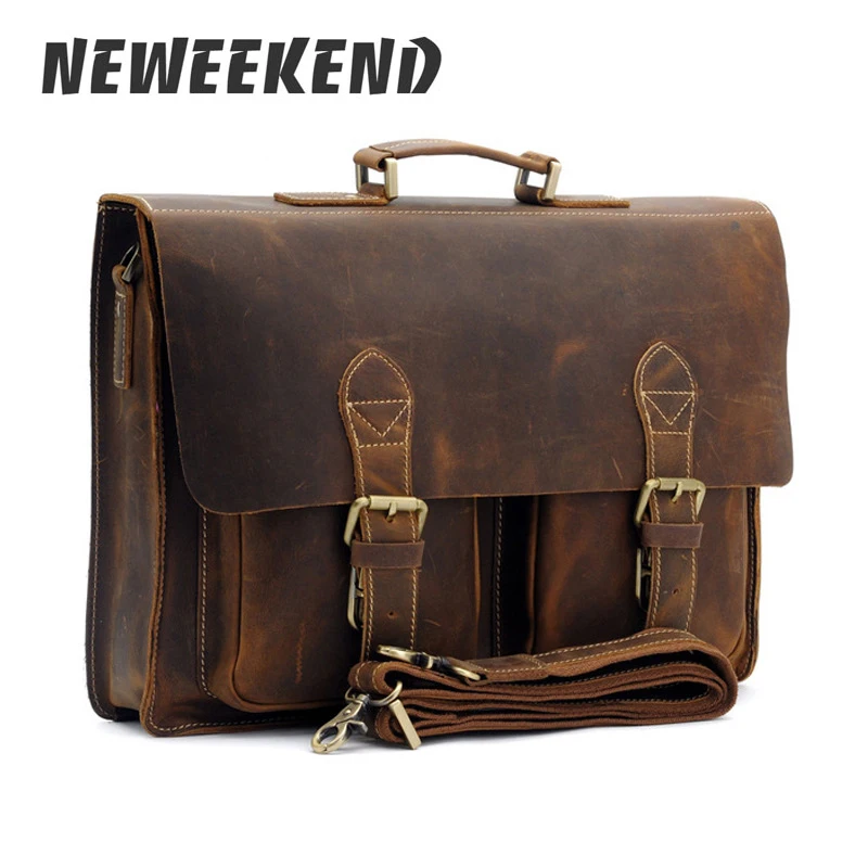Top Grade Male Men's Vintage Real Crazy Horse Leather Briefcase Messenger Shoulder Portfolio Laptop Bag Case Office Handbag 1061