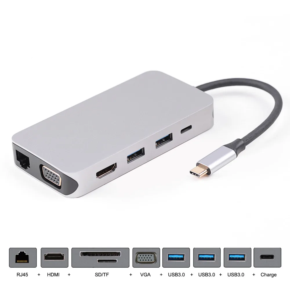 

Zihan Thunderbolt 3 Dock USB-C VGA HDMI Ethernet 3 Ports HUB TF SD Charger Card Reader Multiport Adapter