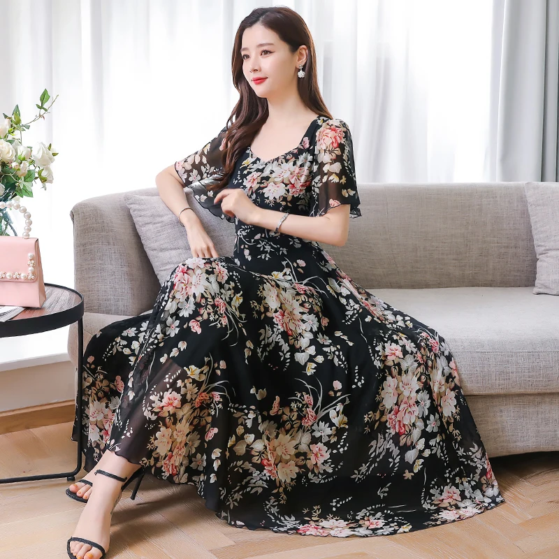 

Black,Pink,Yellow,Blue Lady Summer Dress Women Butterfly Sleeve Floral Print Long Chiffon Dresses Female Clothing M-XXXL