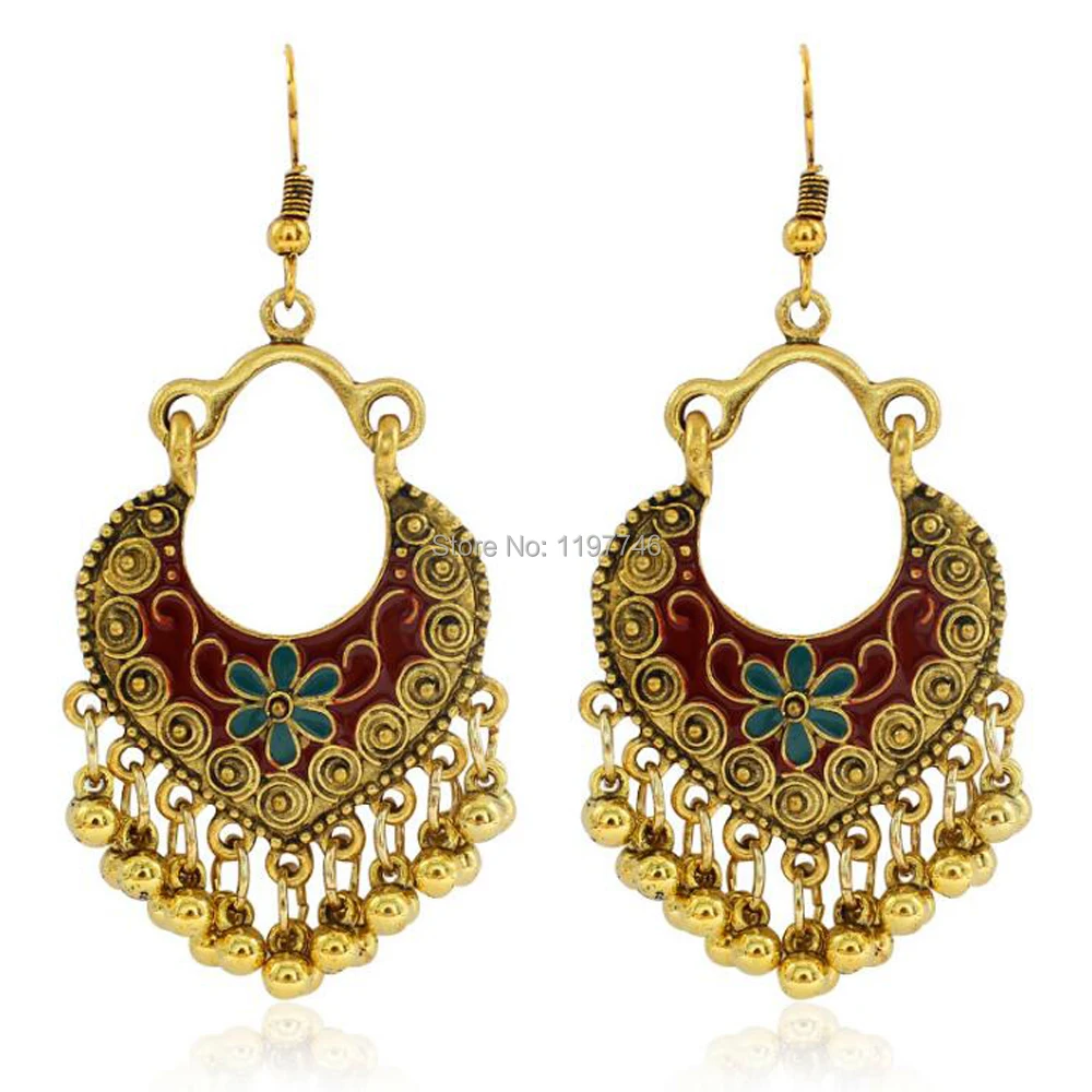 

India Vintage Golden Silver Alloy Bell Bead Long Earrings Carved Flower Statement For Women Party Turkish Tribal Gypsy Jewelry