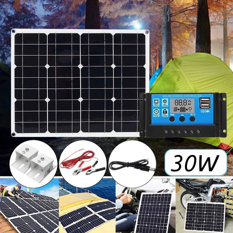 

2019Newest 5in1 30W 12V/5V DC USB Solar Panel Kit 20A PWM Multifunction Solar Charger Controller 30cm DC Male Cable