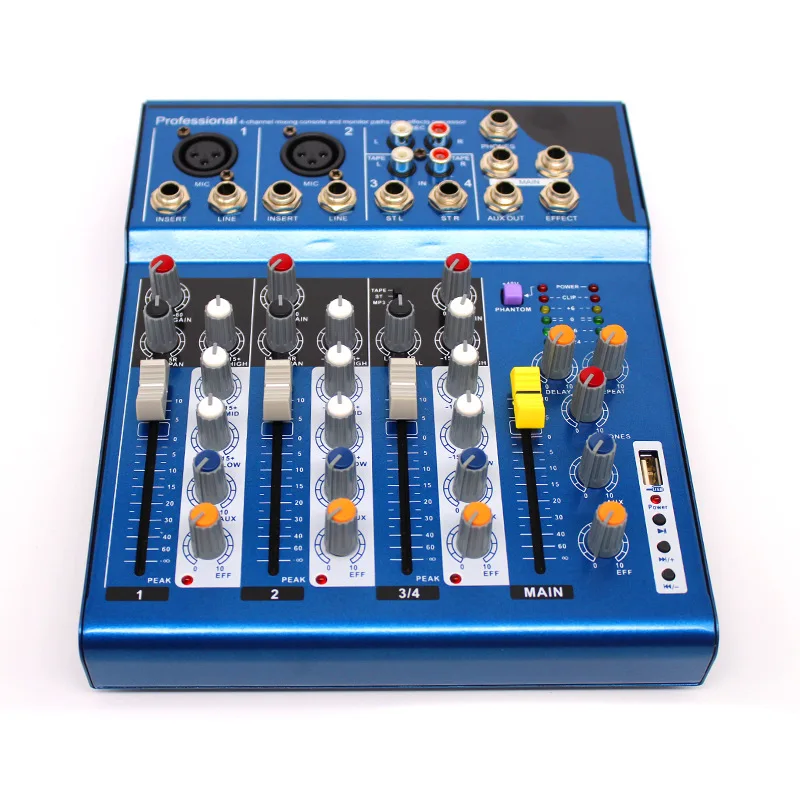 

F4-USB 3 Channel Digital Mixing Console Mic Line Audio Mixer Console with 48V Phantom Power for Recording DJ