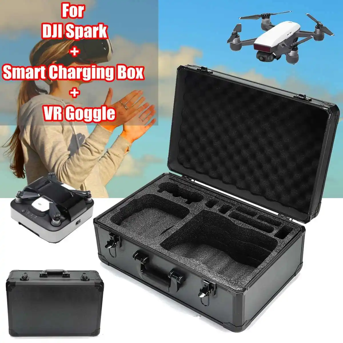 

a black large capacity Waterproof Portable Handheld Aluminum Alloy Carrying Case RC Drone Storage Bag for DJI Spark VR Goggle