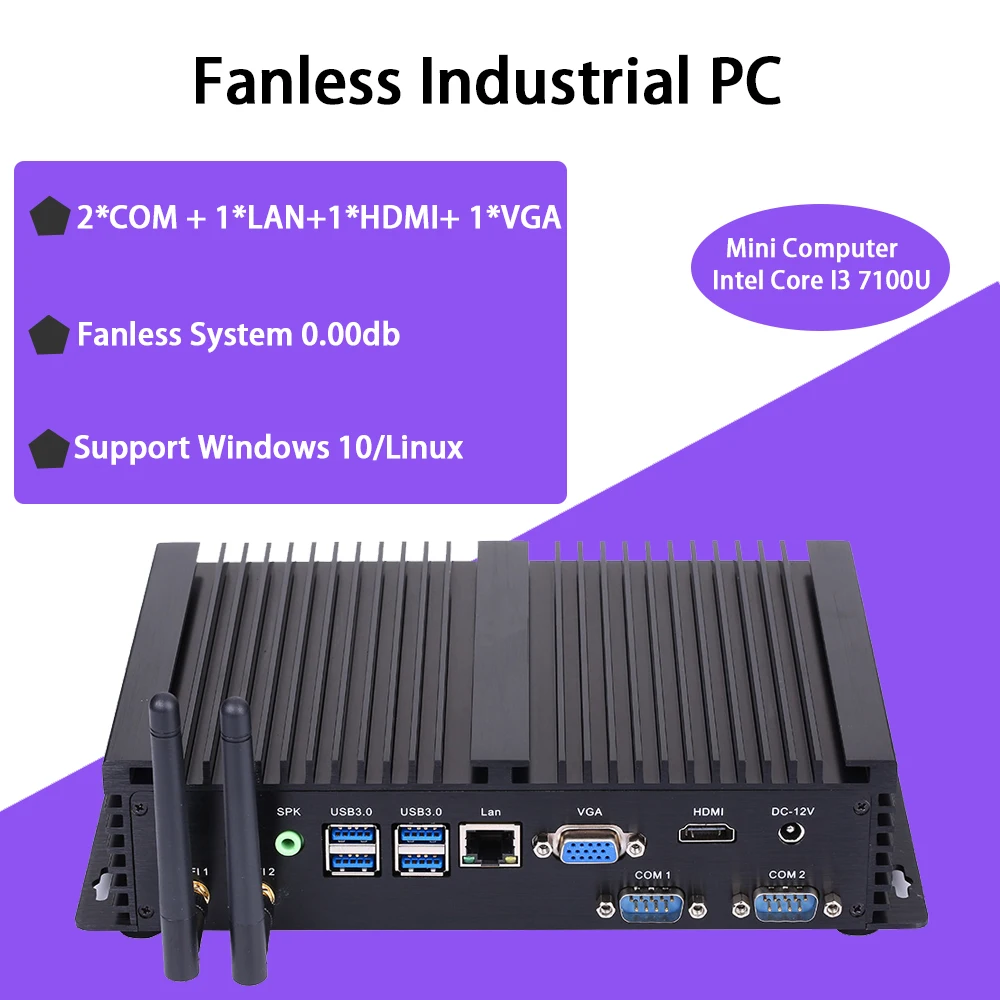 

Fanless Industrial PC,Mini Computer,Windows 10,Intel Core I3 7100U,[HUNSN IM03],(Dual WiFi/1VGA/1HDMI/3USB2.0/4USB3.0/1LAN/2COM)
