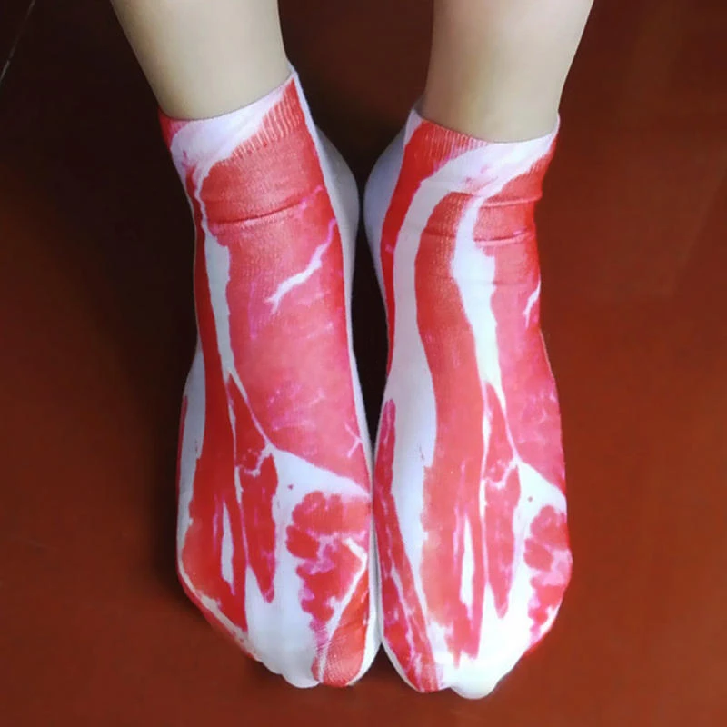 1 Pair Creative Bacon Printed Socks Unisex Men Women Meat Print Socks Funny 3D Pork Meat Bacon Low Cut Casual Ankle Socks