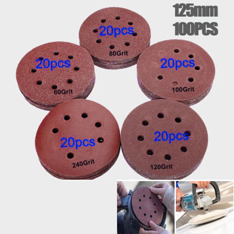 

100pcs/Set 5 8 Holes Sanding Disc Sandpaper 60#/80#/100# Replacement Durable