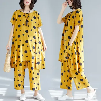 

Vintage Cotton And Linen Loose Size 2 Piece Sets Women Long Tops Wide Leg Pants Casual Loose Suits