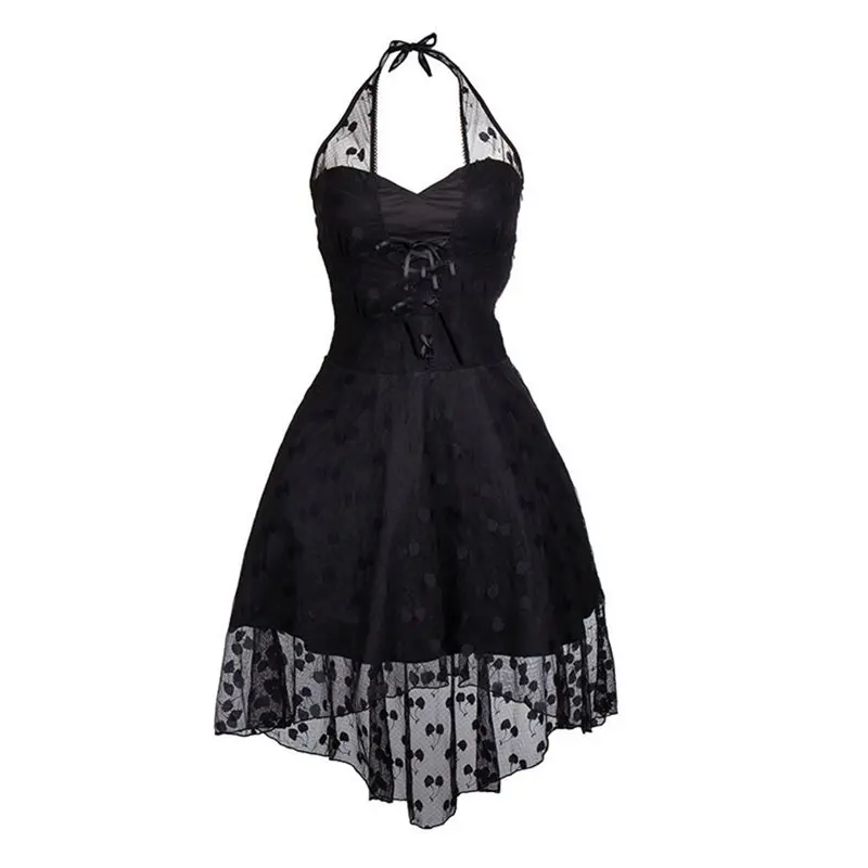 

Prom Halter Sexy Dress Women Summer Gothic See Through Mesh Polka Dot Off Shoulder Elegant Evening Ladies Black Backless Dresses