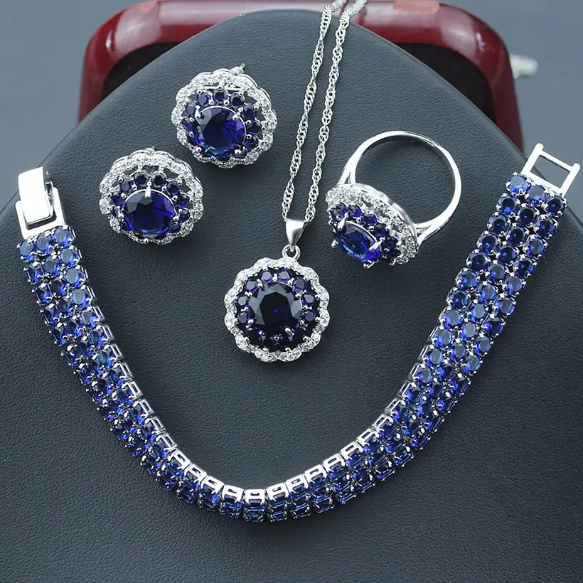 

Blue Cubic Zirconia Round Sterling Silver Brides Necklace Earrings Ring Bracelets Sets White CZ Wedding Jewelry Sets For Women
