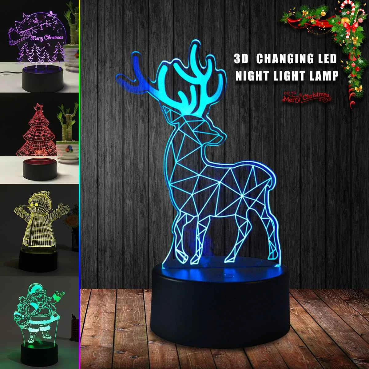 

3D Night Light Color Change Merry Christmas Deer Tree Snowman USB Acrylic Night Light Plate Panel LED Creatives Gift Lamp