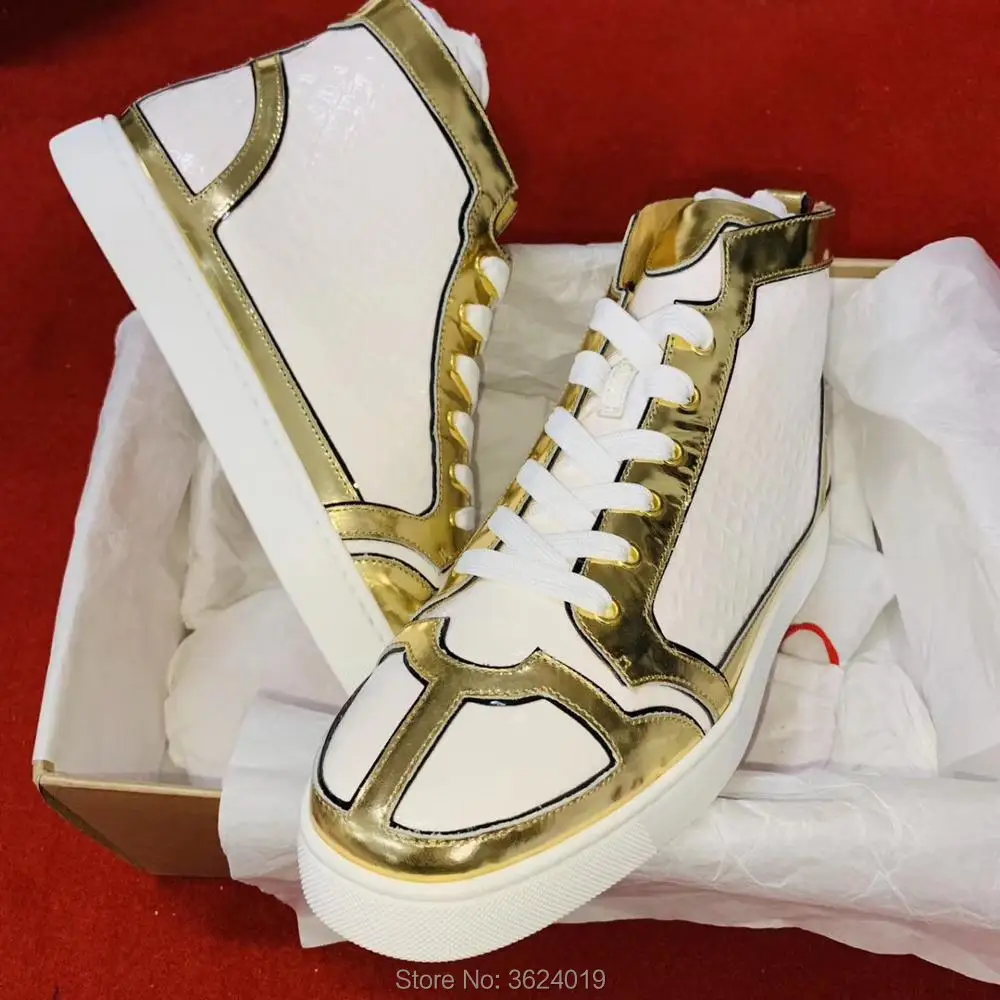 

High Top cl andgz White Snake leather Gold Color bar Lace up no Rivets Red bottoms For men Flat shoes Sneakers Loafers Footwear