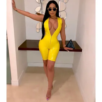 

2019 Women Deep V-neck PU Leather Rompers Summer Sexy High Waist Solid Romper Tight Plus Size Casual Short Jumpsuits