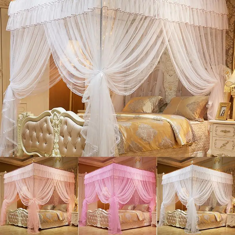 Постеры розовая кровать навес Принцесса Королева москитные постельные принадлежности сетка кровать палатка четыре угла Пол-длина занавес Москитная защита палатка