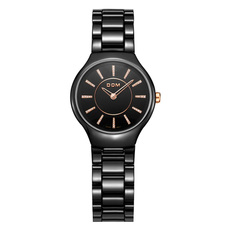

DOM Ceramic Watch With Diamonds Simple Scale Black Ultra-Thin Waterproof Quartz Ladies Watch T-520-1M