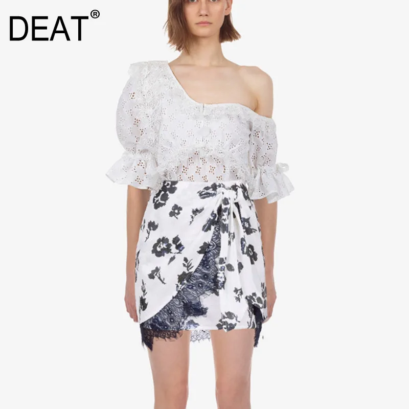 

DEAT 2019 New Summer Styles Fashion Women Clothes Thin Lace Slash Collar Sexy Hollow Out Shirt And Printed Skirts Set WG02800L