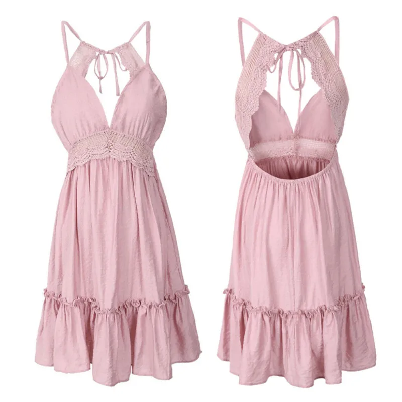 

Trendy Women dress sexy backless V-neck strap solid sleeveless Summer Party Beach Polyester Mini Dresses one pieces