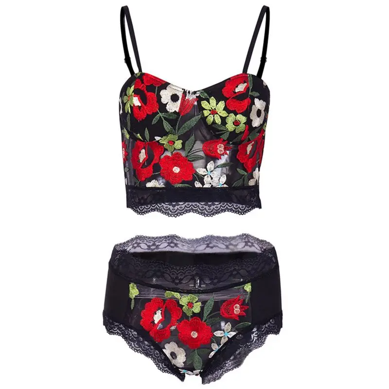 

Women Sexy Sets Underwear Gothic Sleepwear Summer 2019 Hot Floral Spaghetti Strap Embroidery Lace Female Panties Hollow Lingerie