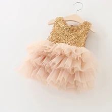 Robe de princesse à paillettes dorées pour filles, en maille superposée, avec deux Super nœuds, pour mariage, taille 1-6T