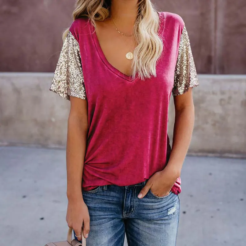 

2019 Summer Sequin T-shirt Women Short Sleeve Tshirt Ladies Sexy V-neck Oversize T Shirt Female Sequined Tshirts For Women 2XL