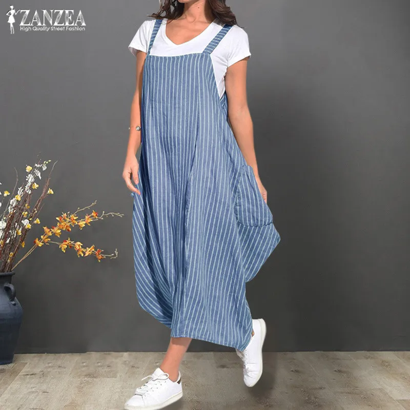Plus Size Striped Overalls Dress Women's Summer Dresses ZANZEA Tank Vestidos Female Strappy Robe Femme Suspenders Vestido