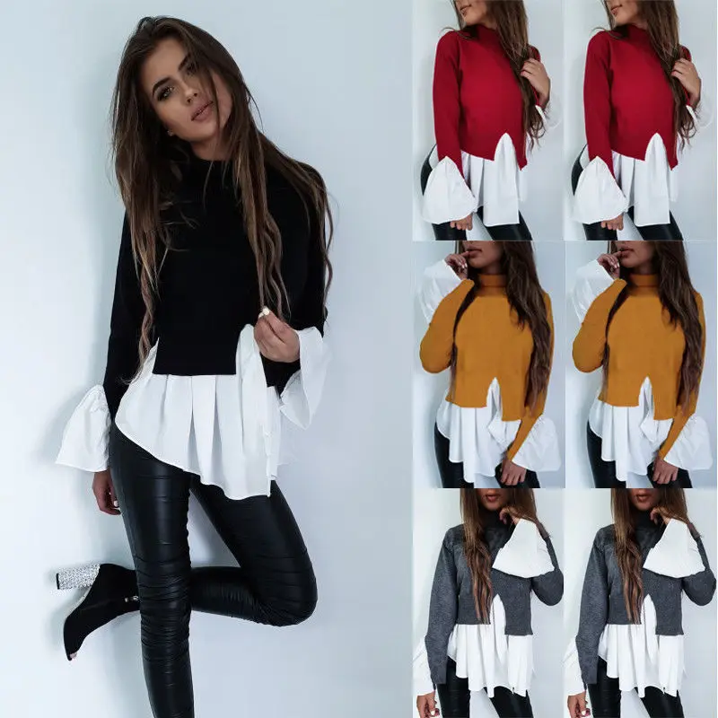 

Women's Long Sleeve Casual Loose Top Irregular Hem Stitching Patchwork Turtle Neck False Two Pieces Shirt