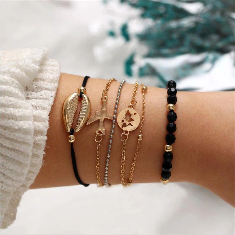 

Airplane Hollow Boho Shell Bangle Fashion Women Beads Jewelry 6Pcs Map Bracelet