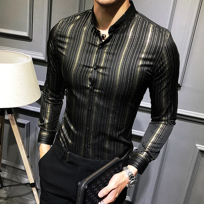 Luxury Gold Striped Shirt Men Long Sleeve Black White Navy Party Club Sexy Night Bar Stage Clothing Male Shirts Chemise Homme
