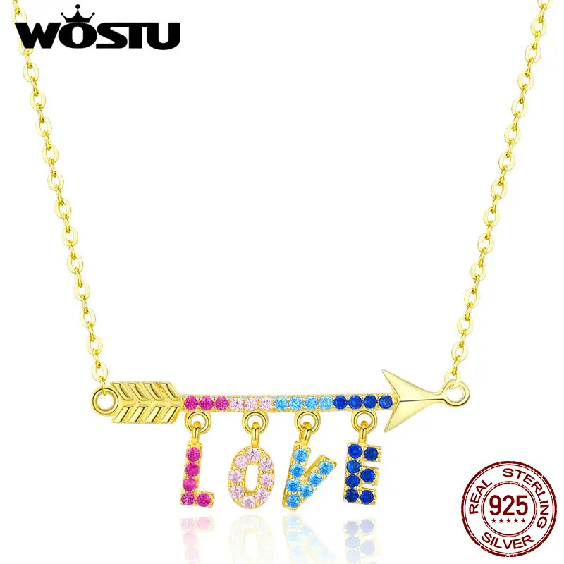 

WOSTU New Valentines Gift 925 Sterling Silver Rainbow Love Letter Gold Arrow Pendant Necklaces For Women Romantic Jewelry CTN011