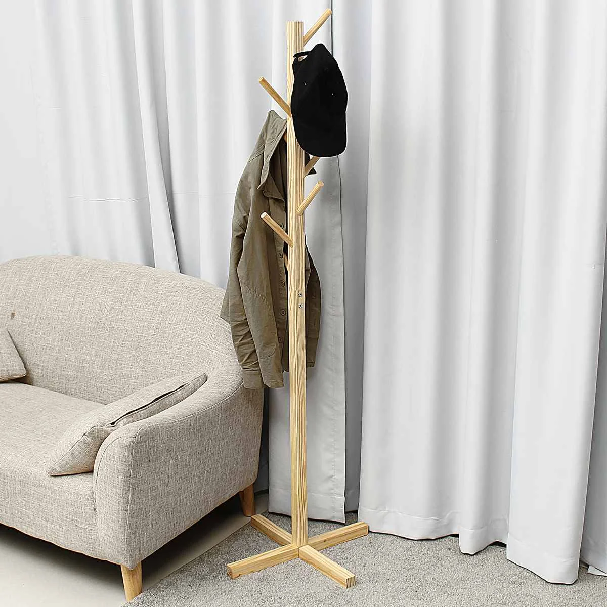 

Wood Coat Rack Hanger Hook Wall Hat Hanger Cloth Scarves Bag Modern Floor Standing Cost Hanger Living Room Bedroom Furniture