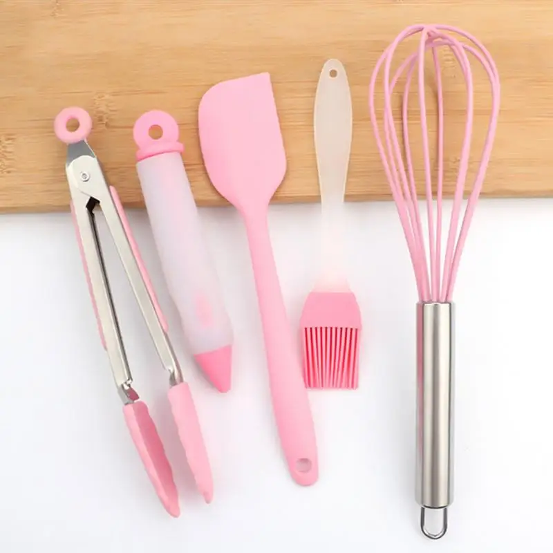 

5 Piece Pink Silicone Baking Set Stainless Steel Egg Beater Brush Food Clip Cake Decorating Pen Kitchen Baking Tool Set