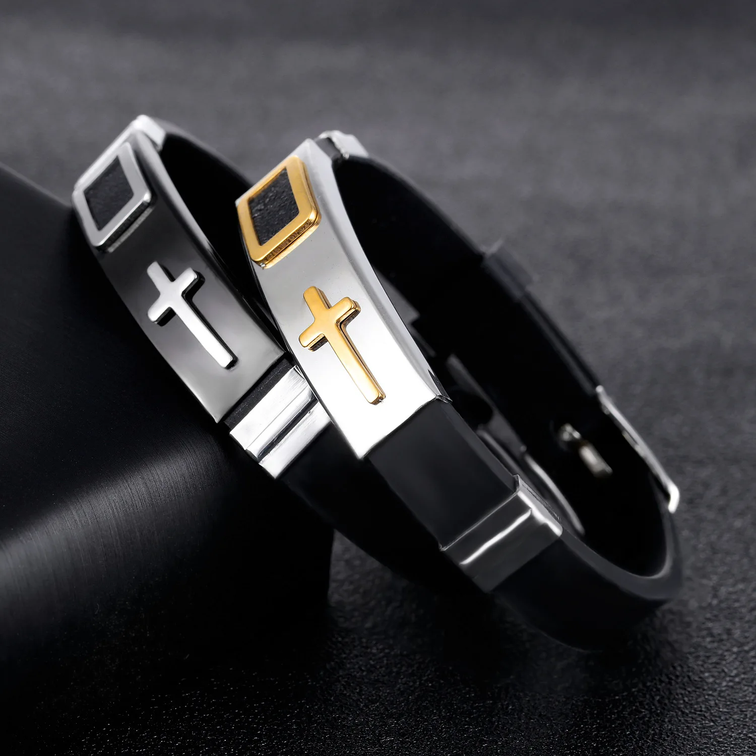 

Stainless Steel And Silicone Cross Bracelets Adjustable Leather Bracelet Man Black Religious For Men Pulseira Masculina