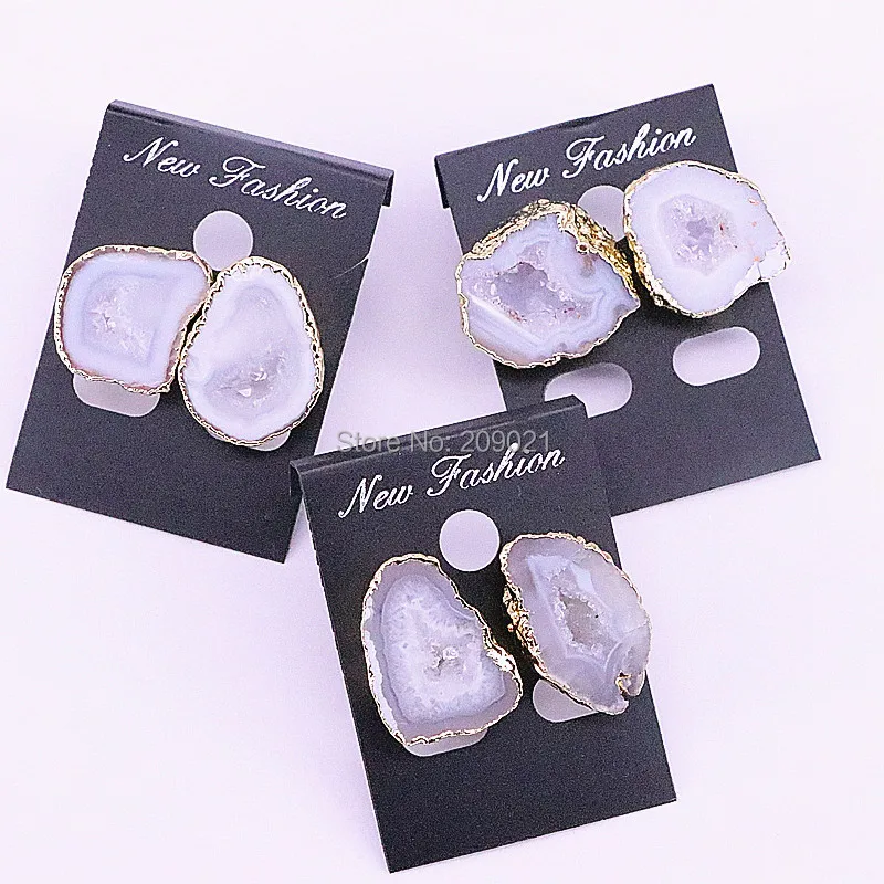 

New Arrival 5Pairs Nature Geode agates Quartz stone Stud earring, gold electroplated gems Charm earring
