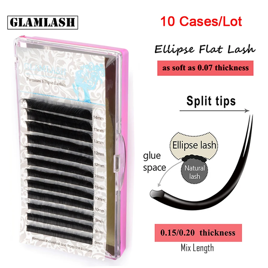 

GLAMLASH Wholesale 10 Cases Luxury Mixed Length Ellipse Flat False Eyelash Extensions Faux Mink Soft Thin Split Tip Flat Lashes
